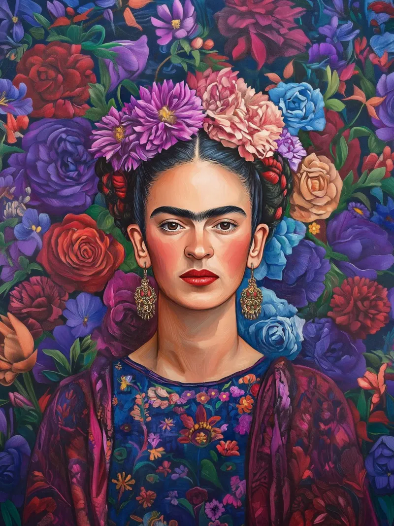 Frida Kahlo - lila Blumenmuster Acryl-Glas von Carinaprint