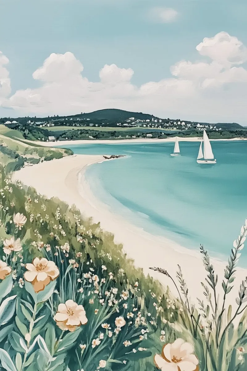 Mare con barche a vela e fiori vivaci carta hahnemühle da Melloi Art Print