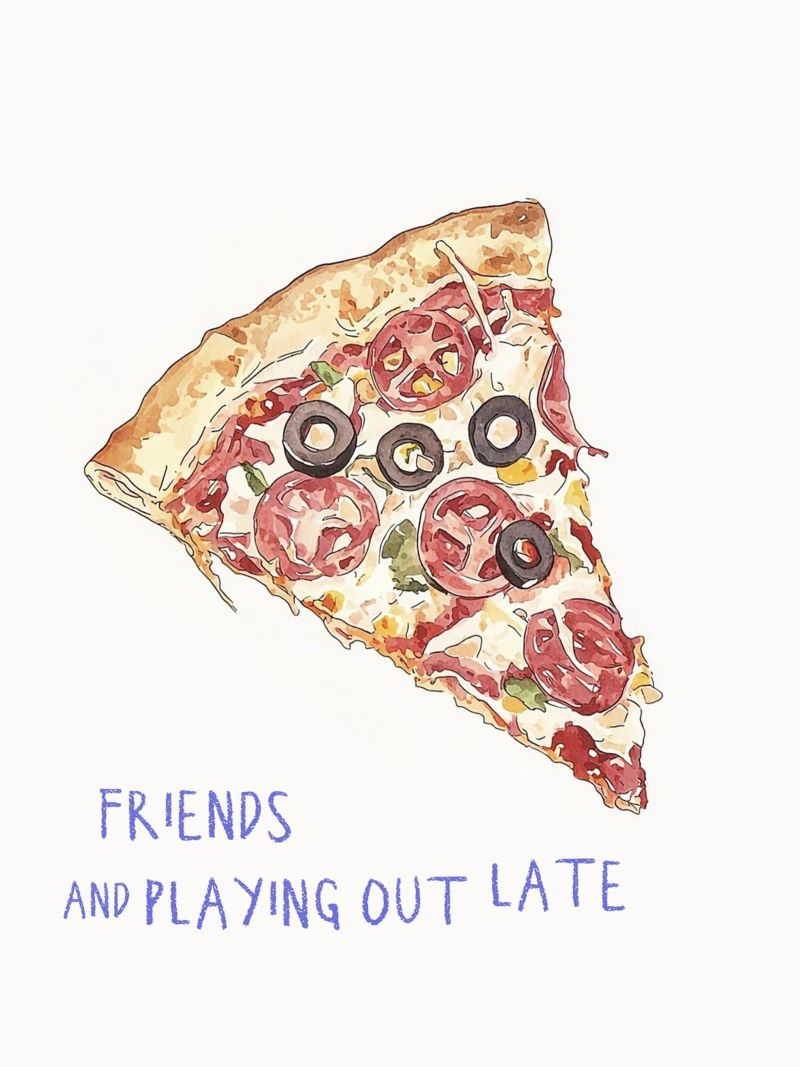 Amis et sorties tardives - Pizza Slice Food Illustration poster de Peaches Art Prints