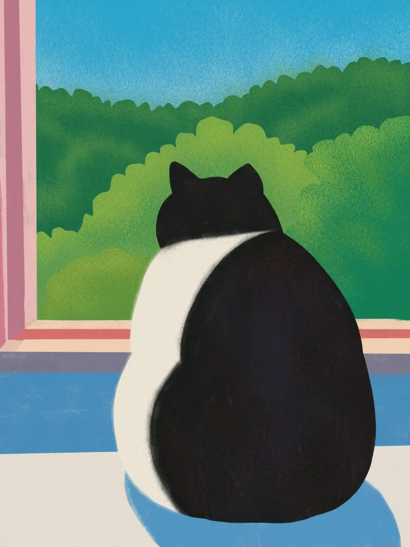 Fat cat looking out the window canvas with Floater frame by Little Dean