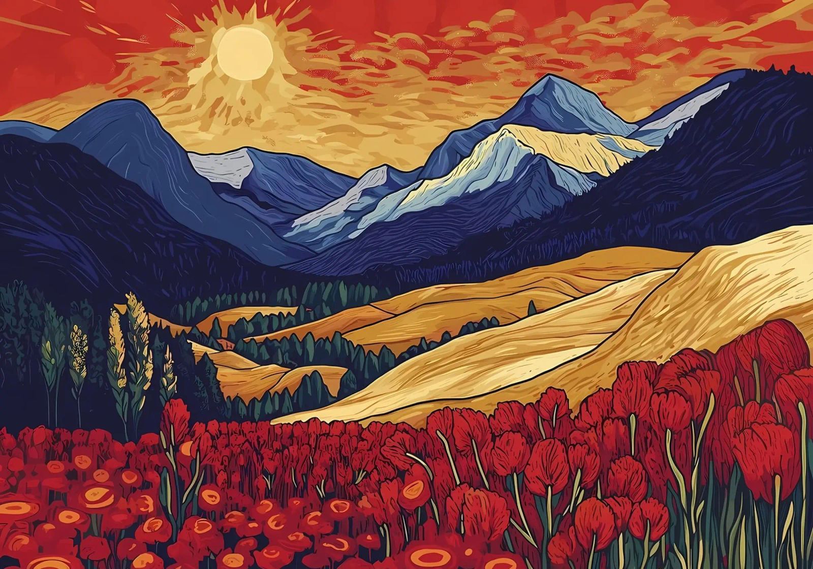 Atardecer en la montaña con flores metacrilato de Caeson