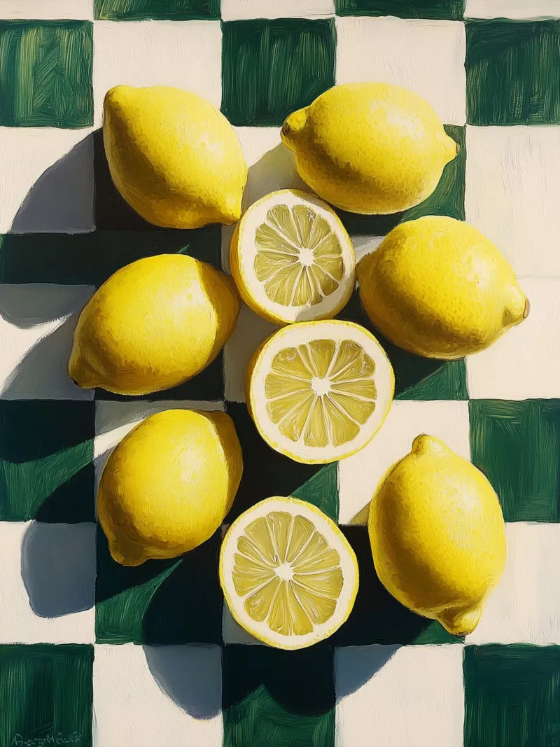 Lemons on a checkerboard canvas with Floater frame by Spice & Style