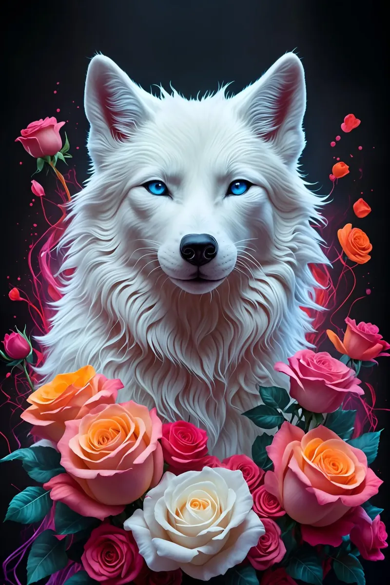 Lupo bianco con rose alluminio dibond da MakArena