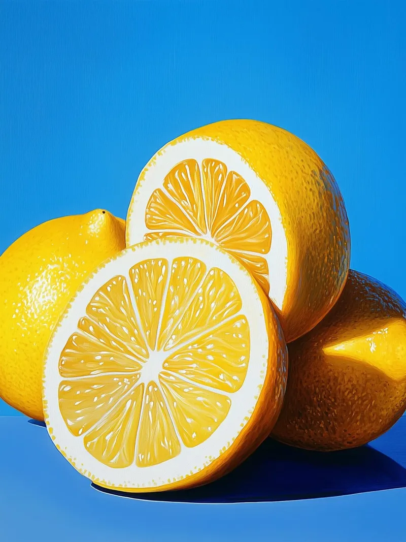 Bright lemons on a blue background acrylic glass by Spice & Style