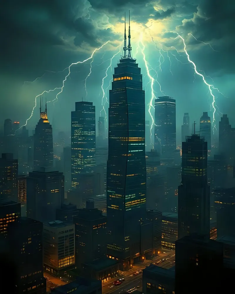 Onweer boven de stad_5 poster met houten frame van Fantasie & Mystikwelten by LK