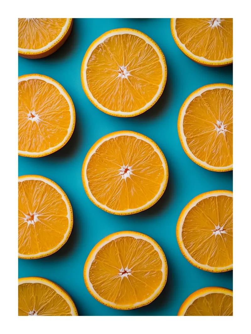 Sliced oranges on a blue background canvas with Floater frame by Spice & Style