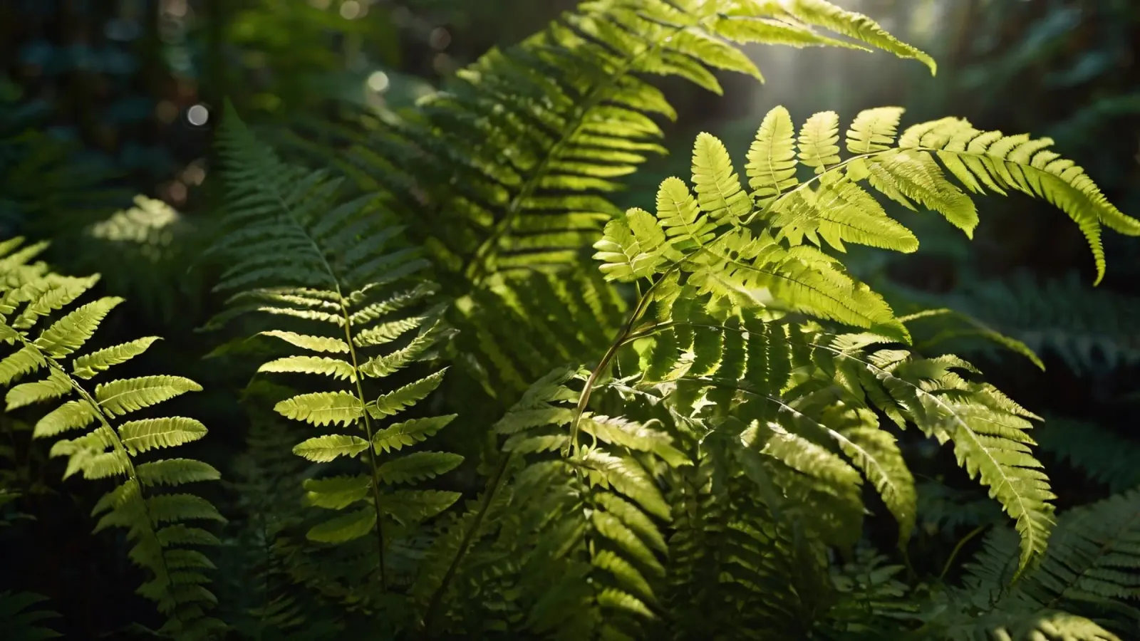 Lush green ferns basking in soft sunlight in a serene forest canvas by DesignDoodle