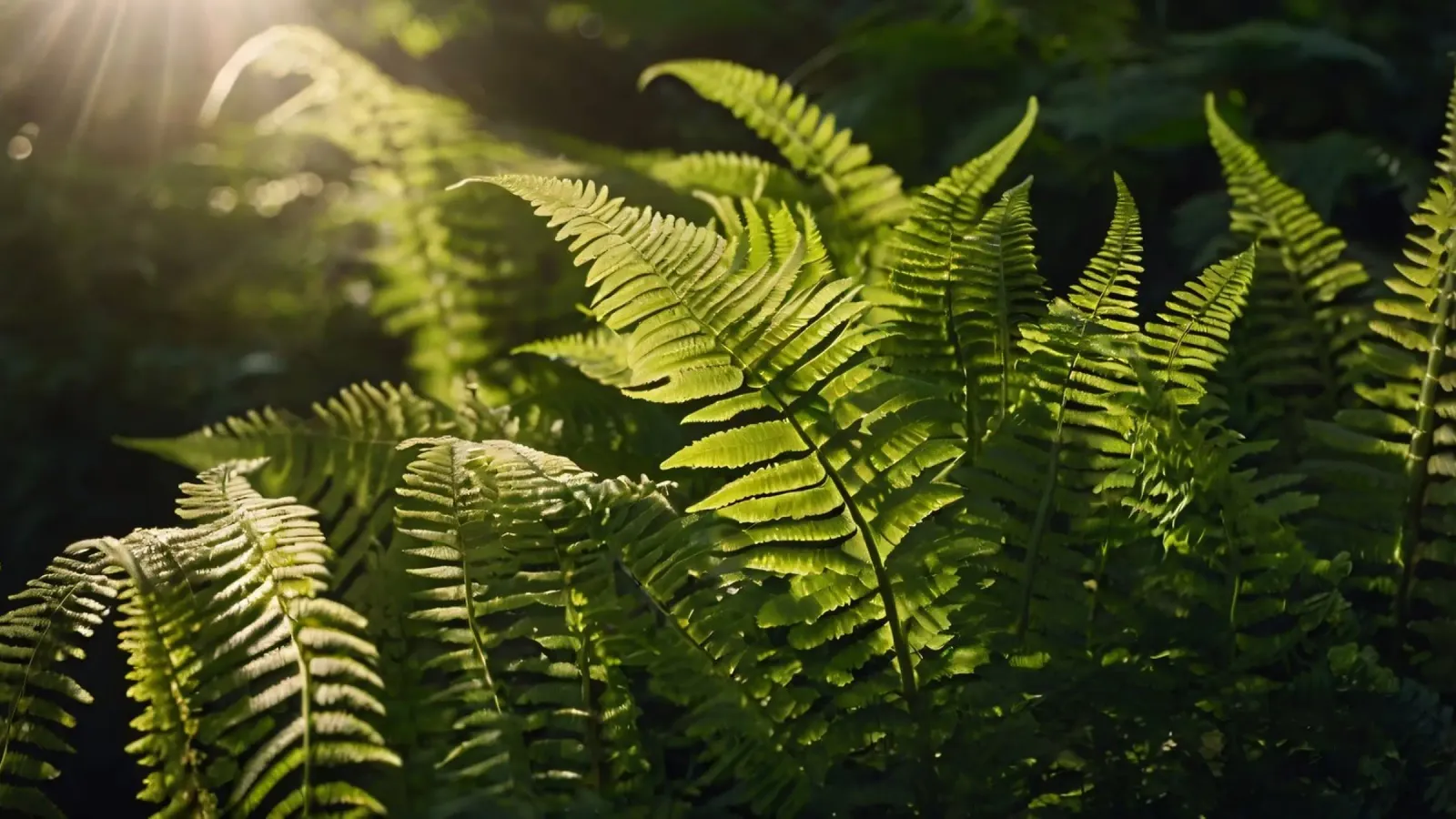 Felci verdi e rigogliose illuminate dalla luce del sole in una fitta foresta pellicola backlit da DesignDoodle