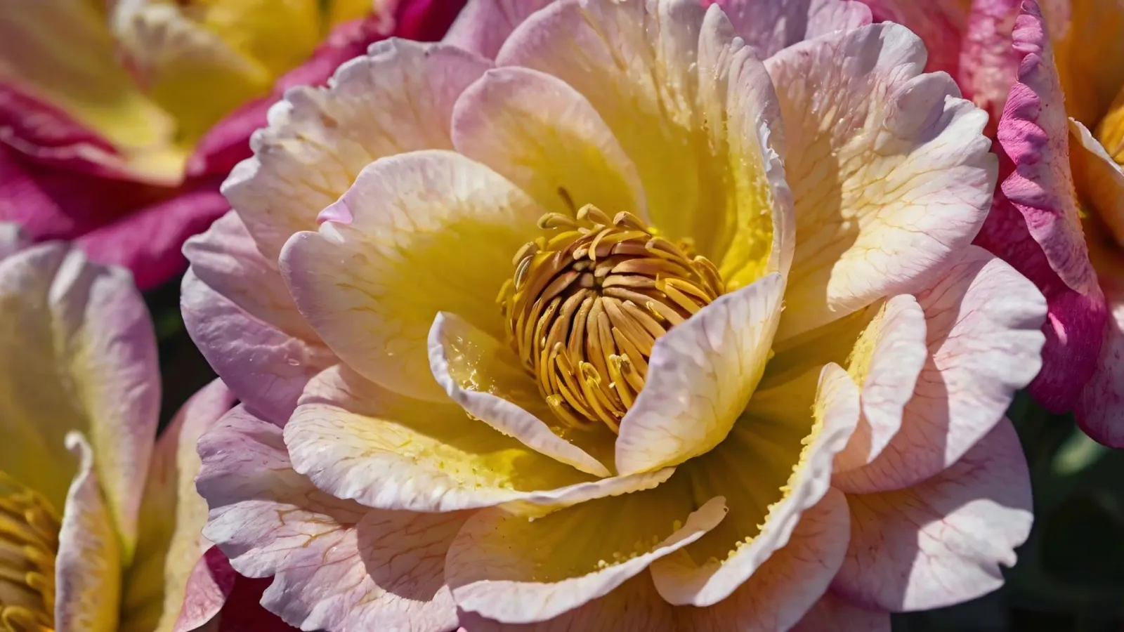 un vivace fiore di camelia giallo e rosa in fiore pellicola backlit da DesignDoodle
