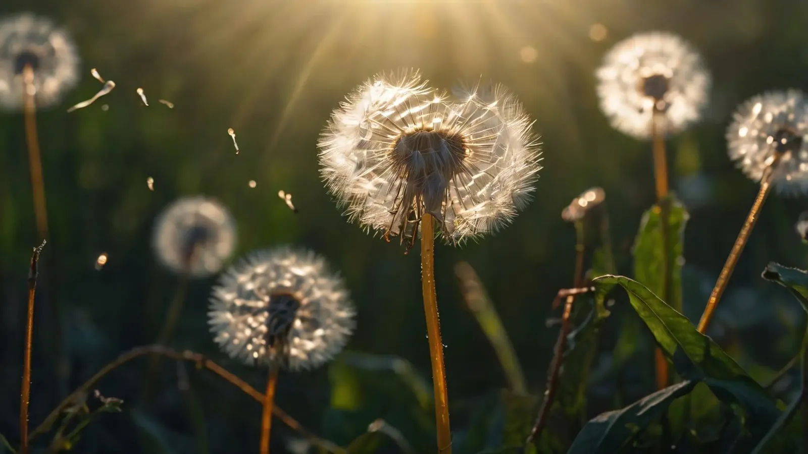 Dandelions illuminated by sunlight in a lush green field hahnemühle by DesignDoodle