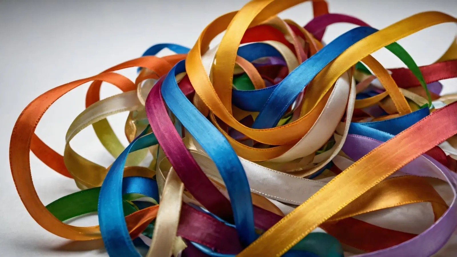 Nastri colorati aggrovigliati su una superficie bianca pellicola backlit da DesignDoodle