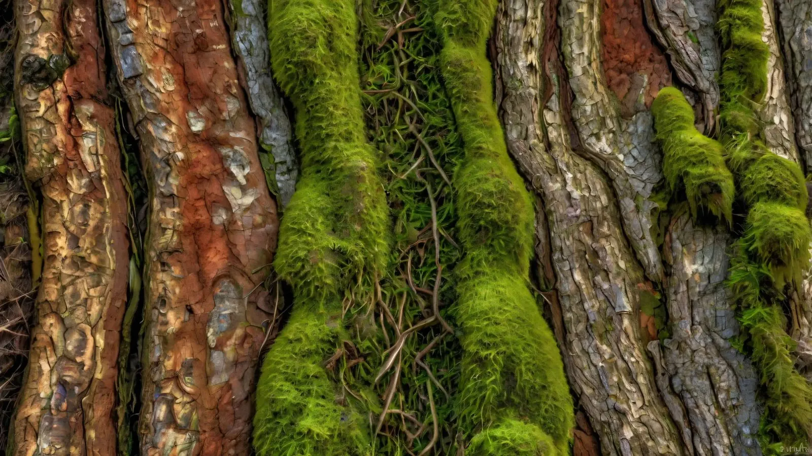Écorce d'arbre texturée avec mousse vert vif et vin complexe. hahnemühle de DesignDoodle