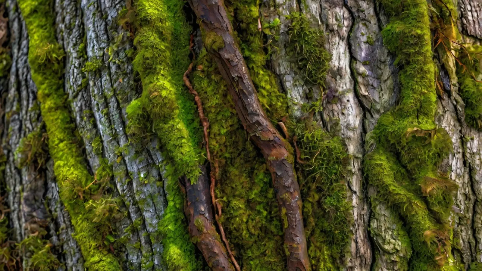 Moss-covered tree bark with twisting branches in a forest canvas by DesignDoodle