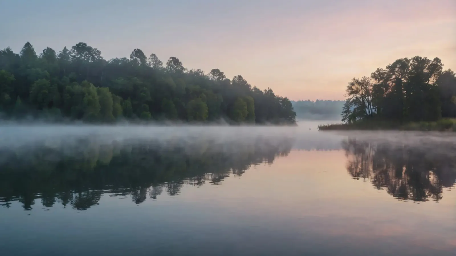 mist rises over a tranquil lake surrounded by lush trees hahnemühle by DesignDoodle