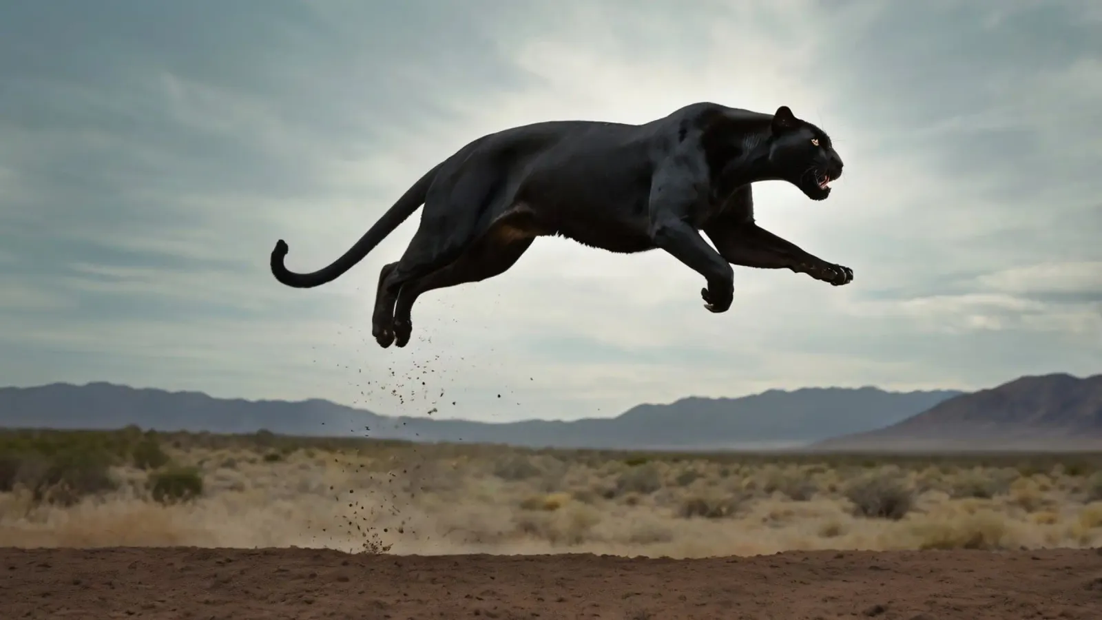 Un gatto nero salta attraverso un paesaggio desertico poster con telaio in plastica da DesignDoodle