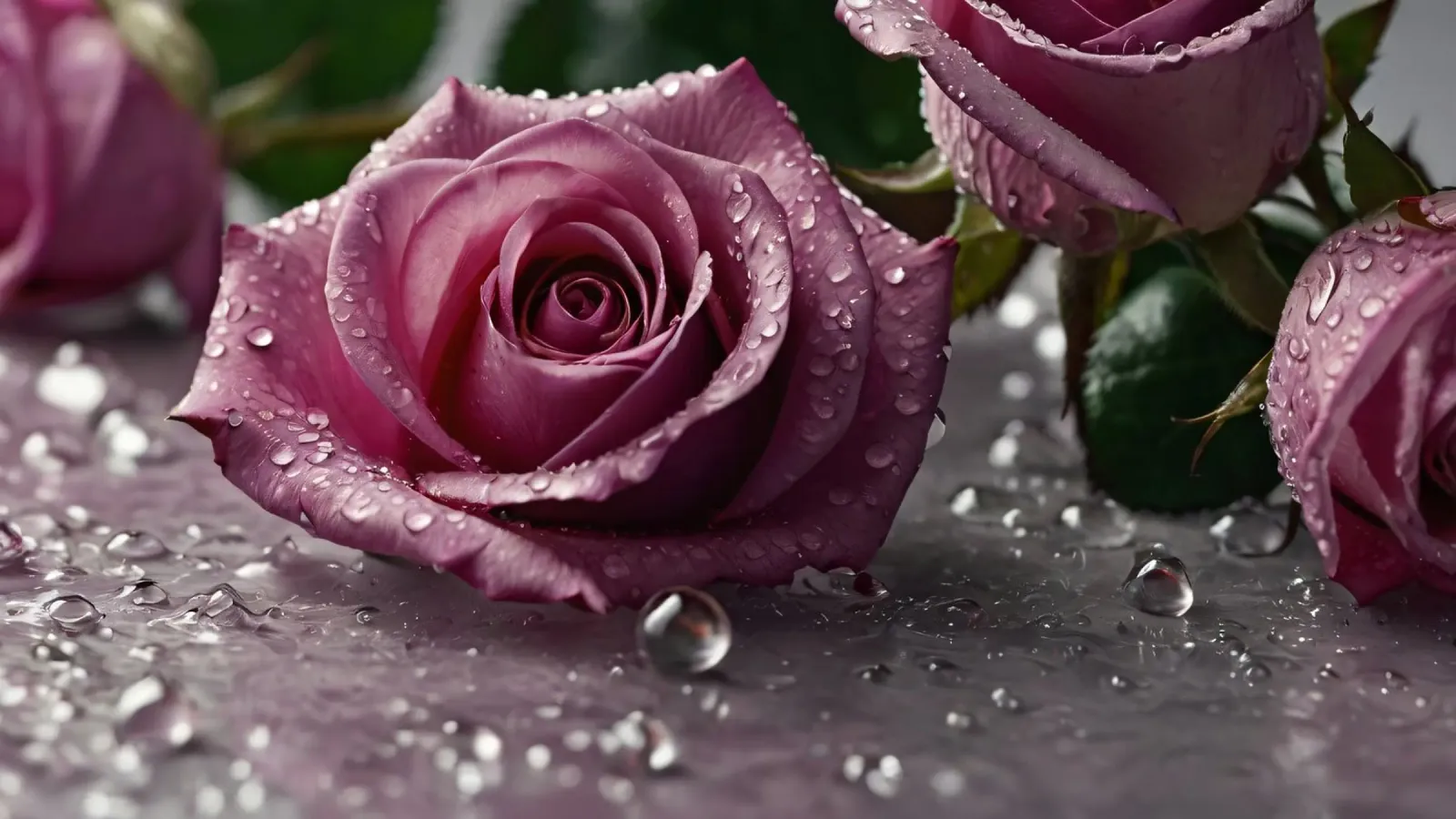 fresh pink roses adorned with dewdrops on a soft surface hahnemühle by DesignDoodle