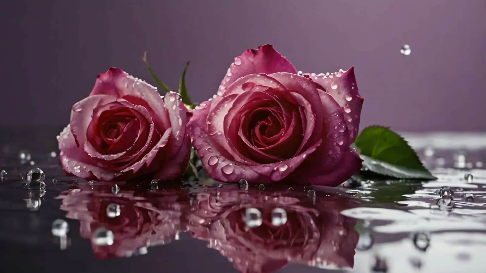 Two dew-kissed pink roses resting on a reflective surface canvas by DesignDoodle