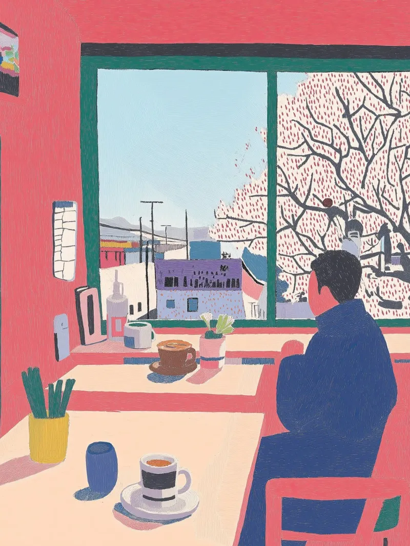 Momenti di calma giapponese al caffè - Vita accogliente in arte pastello poster da Kaji