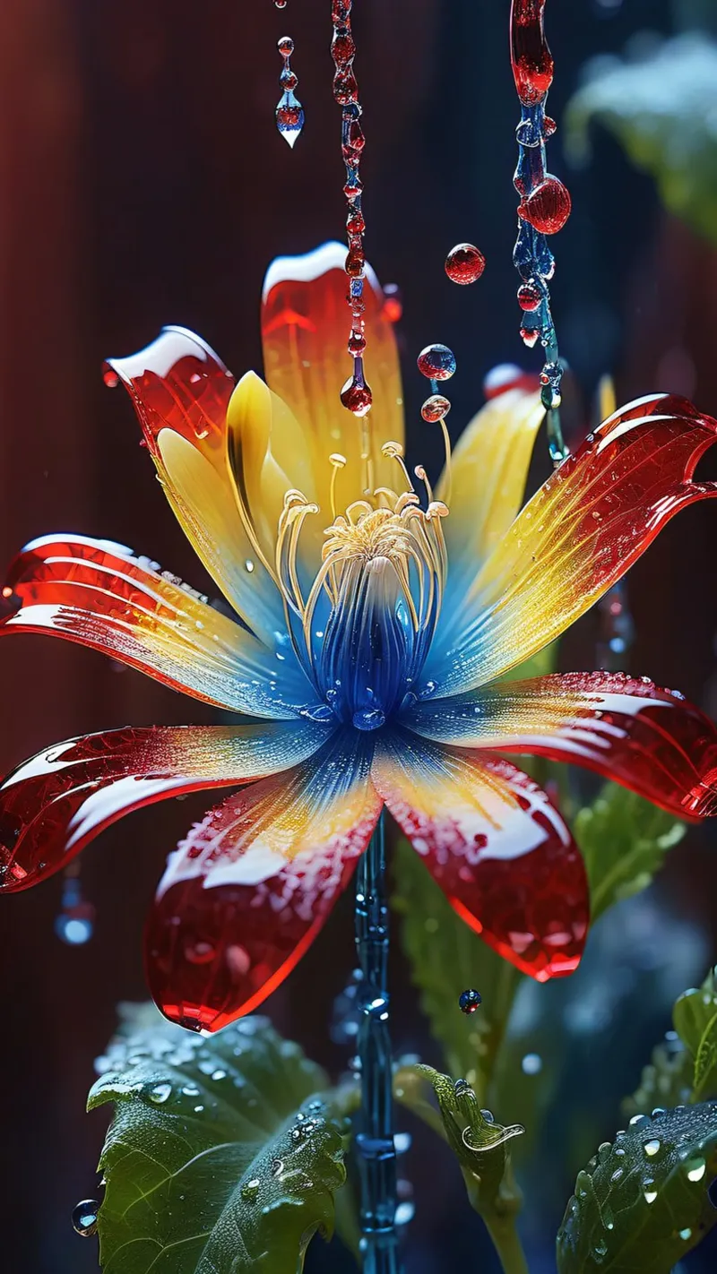 Un fiore vivace con petali di colore rosso, giallo e blu. pellicola backlit da DesignDoodle