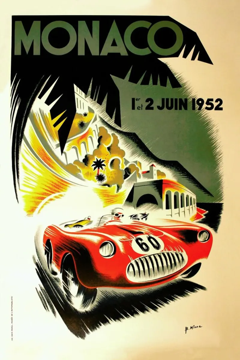 Vintage Monaco 1 June 1952 poster con telaio in legno da Gallery Print and Art Limited