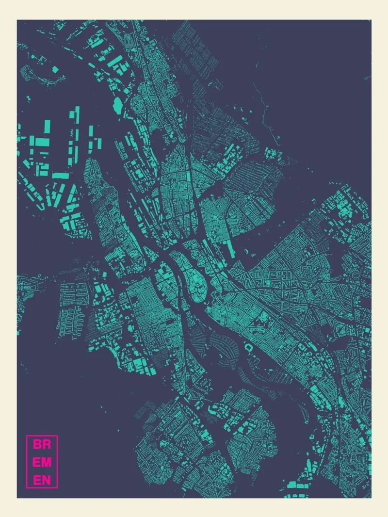 Nordlicht Map - Brême en cyan & magenta poster avec cadre en bois de MOOODZART