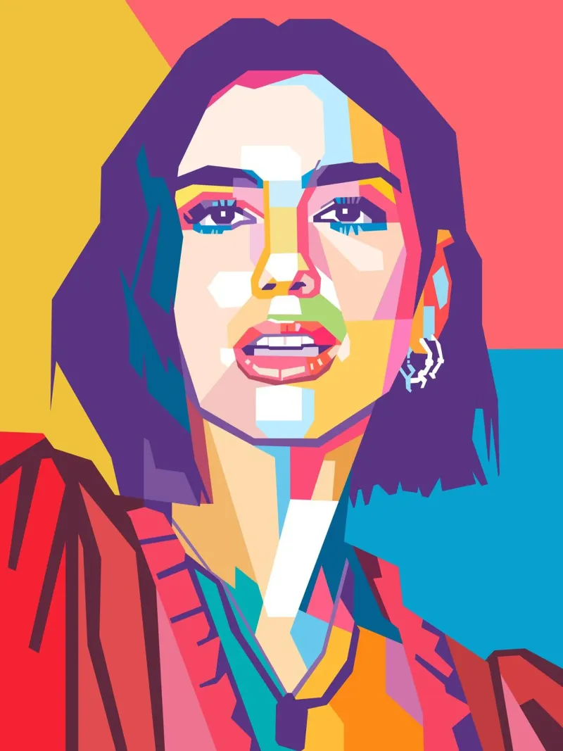 Ritratto pop art di Dua Lipa poster con telaio in alluminio da Hantamrata