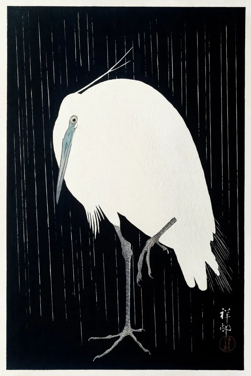 Ohara Koson - Egretta nella pioggia carta hahnemühle da Old Masters