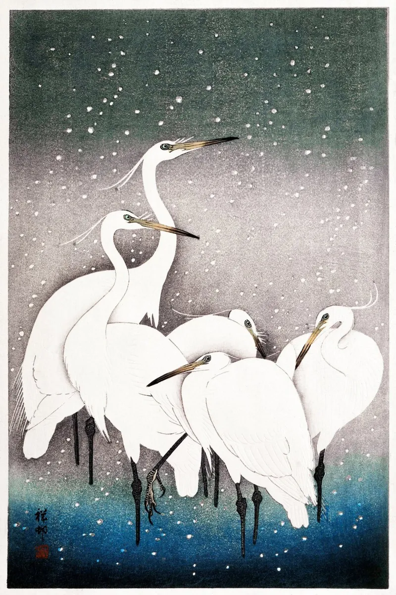 Ohara Koson - Groupe d'aigrettes poster avec cadre en aluminium de Old Masters