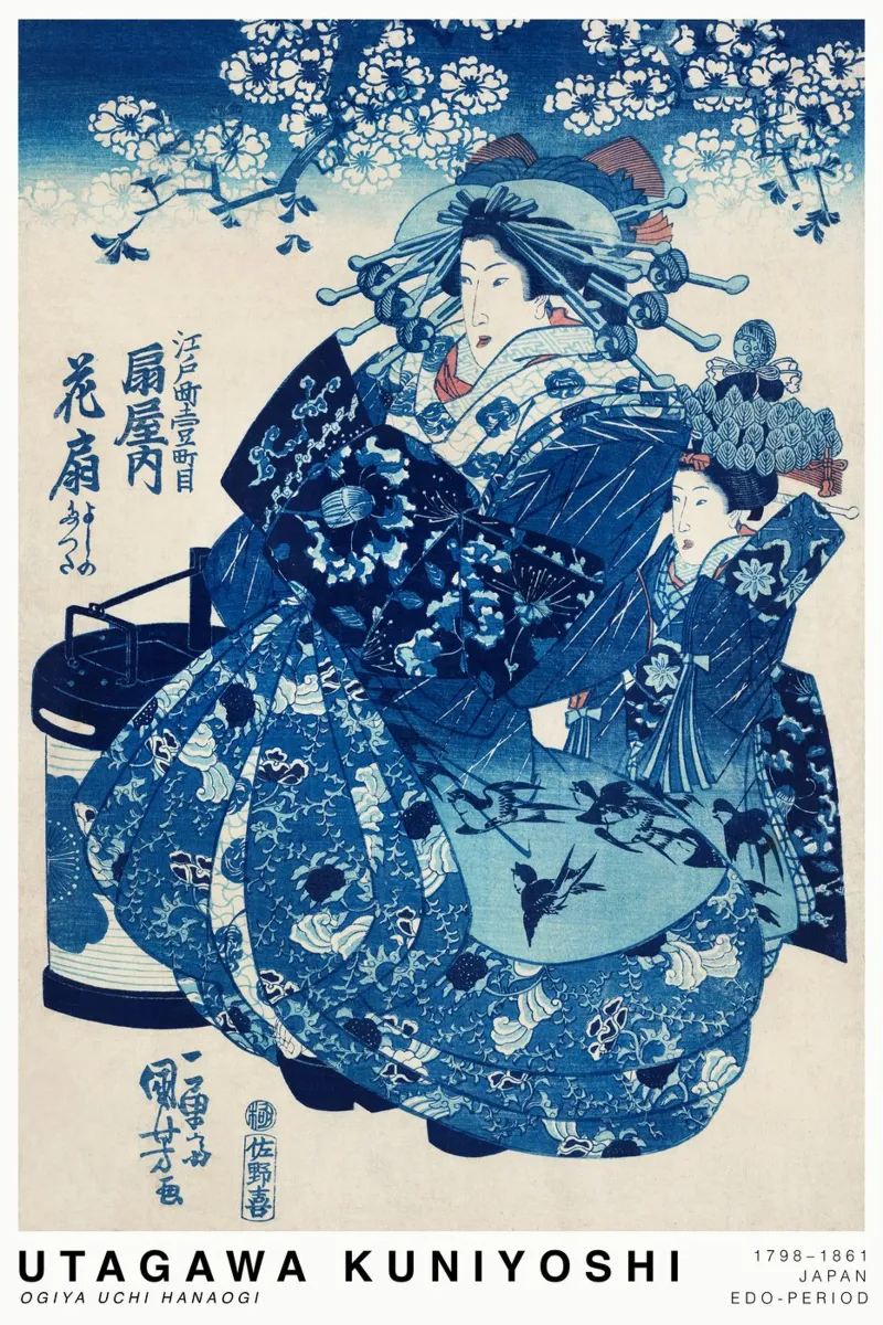 Kuniyoshi - Ogiya uchi Hanaogi 01 poster con telaio in alluminio da Old Masters