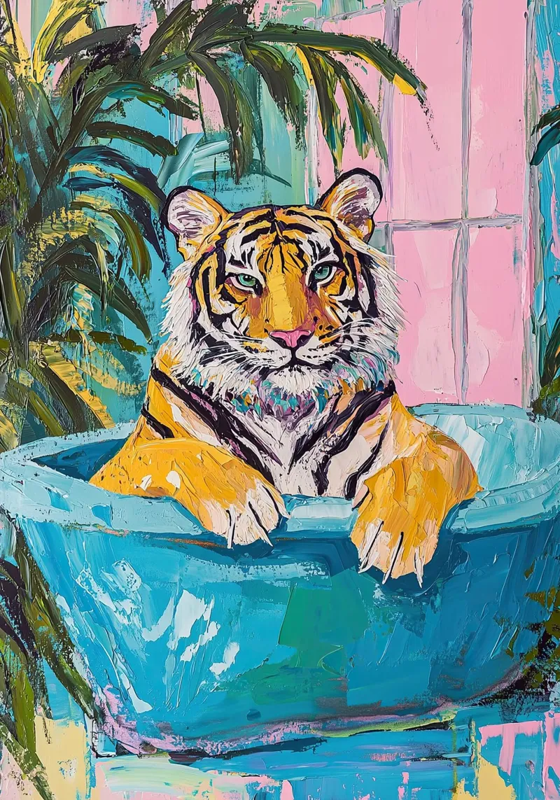 Tijger in bad canvas met Baklijst van Nikis Art Studio