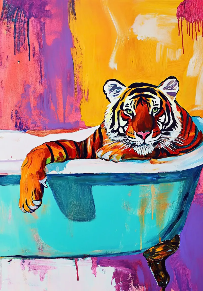 La tigre in bagno poster con telaio in plastica da Nikis Art Studio