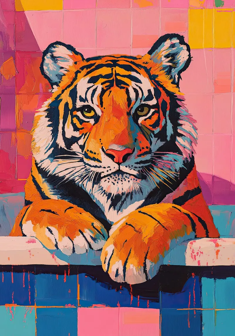La tigre in bagno poster con telaio in legno da Nikis Art Studio