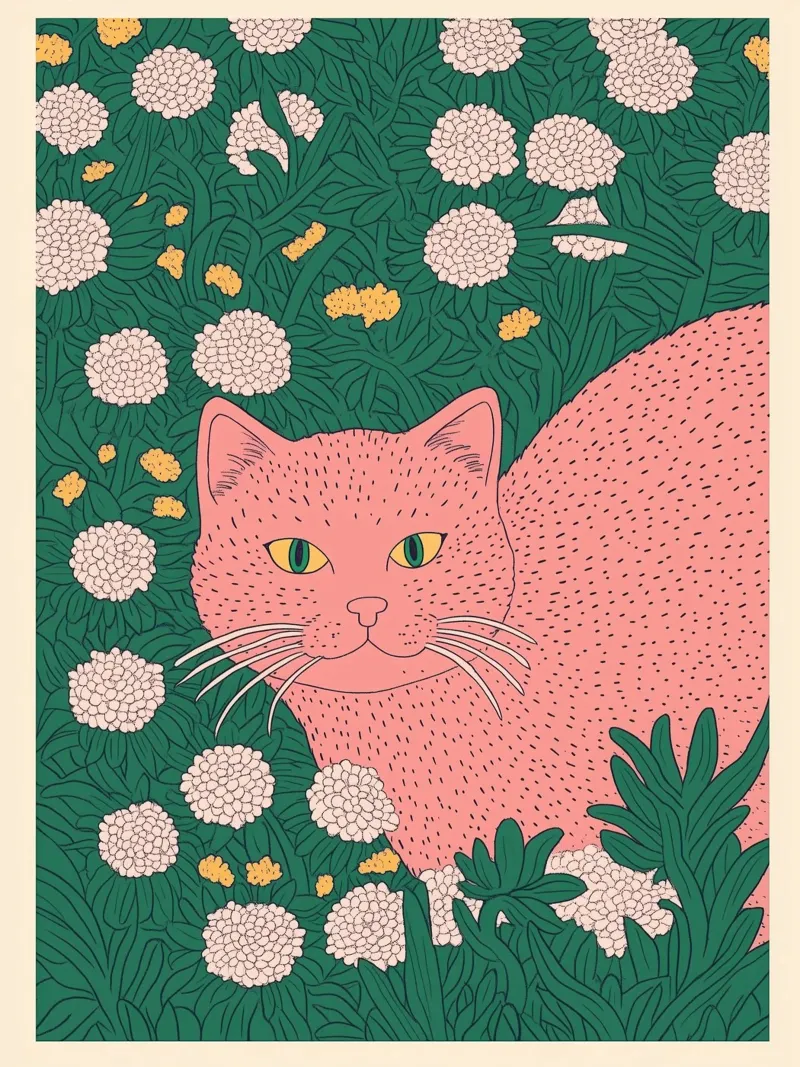 Gatto rosa in giardino floreale Arte botanica giapponese in woodblock poster con telaio in plastica da Kaji