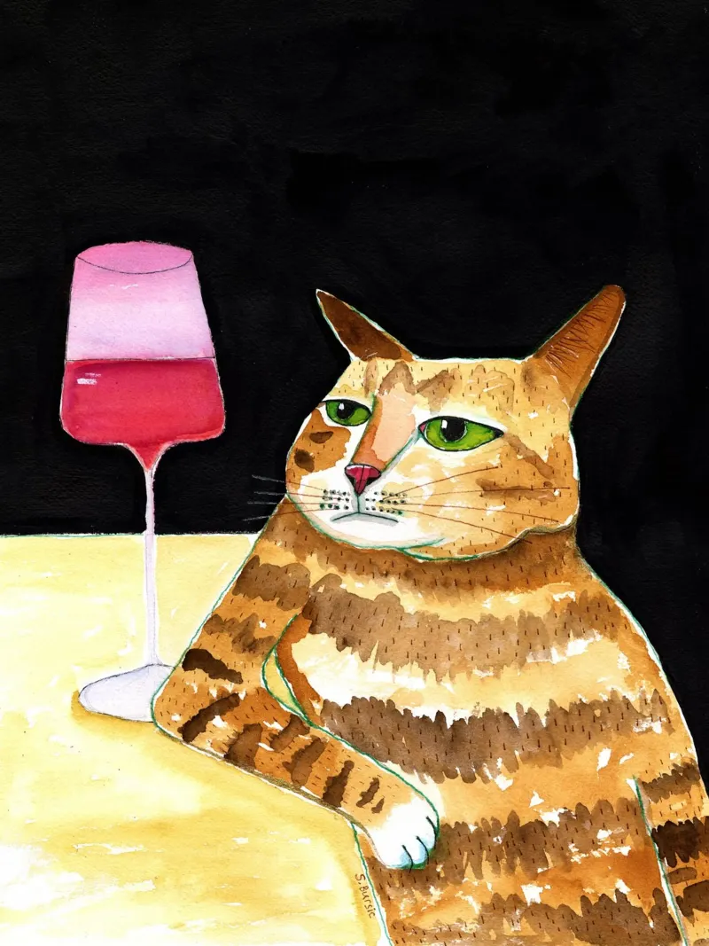 Gatto Venerdì sera Bevande Vino Divertente Umorismo sui gatti poster con telaio in alluminio da Pictufy Sun & Spirit