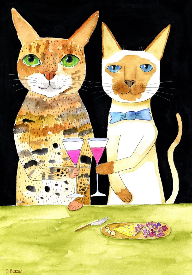 Katzen, die beste Freunde trinken Poster mit Kunststoffrahmen von Pictufy Sun & Spirit
