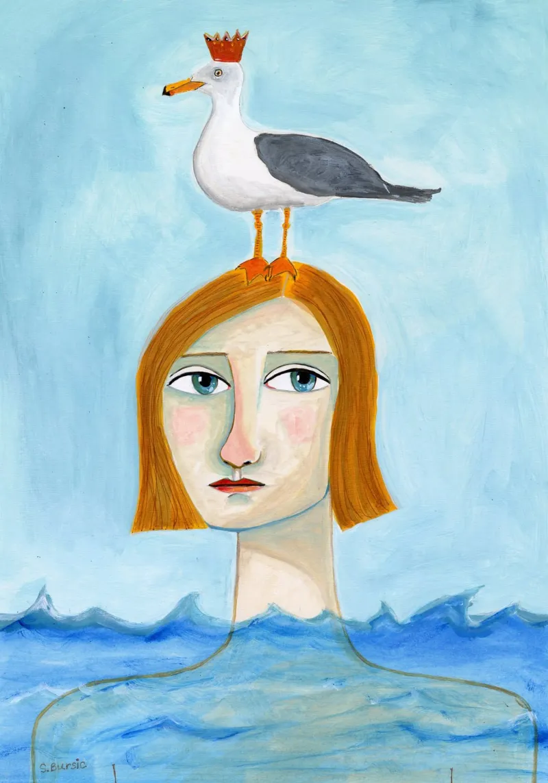 Signora nell'oceano con gabbiano poster con telaio in legno da Pictufy Sun & Spirit