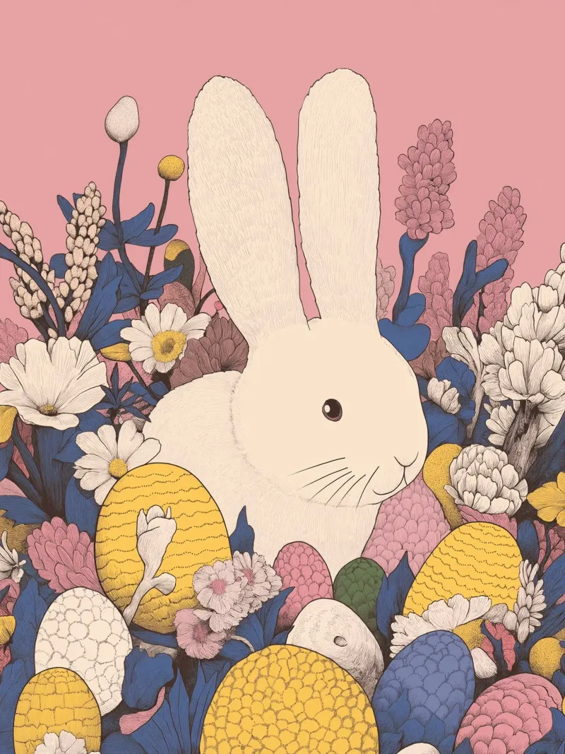 Conejito de Pascua blanco con flores de primavera y huevos de Pascua hahnemühle de Kaji