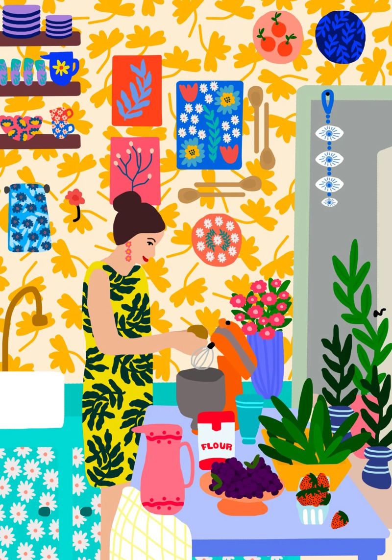 Une femme dans une cuisine avec des fleurs poster de Pictufy Sun & Spirit