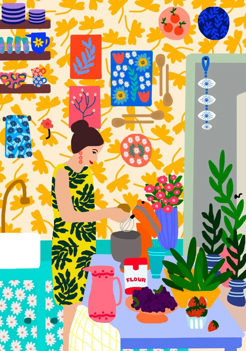 Una mujer en una cocina con flores lienzo con Marco flotante de Pictufy Sun & Spirit