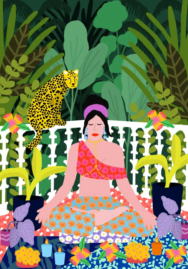 Donna in posizione di loto poster con telaio in plastica da Pictufy Sun & Spirit