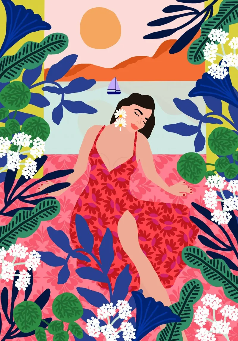 Ragazza tramonto floreale poster con telaio in plastica da Pictufy Sun & Spirit