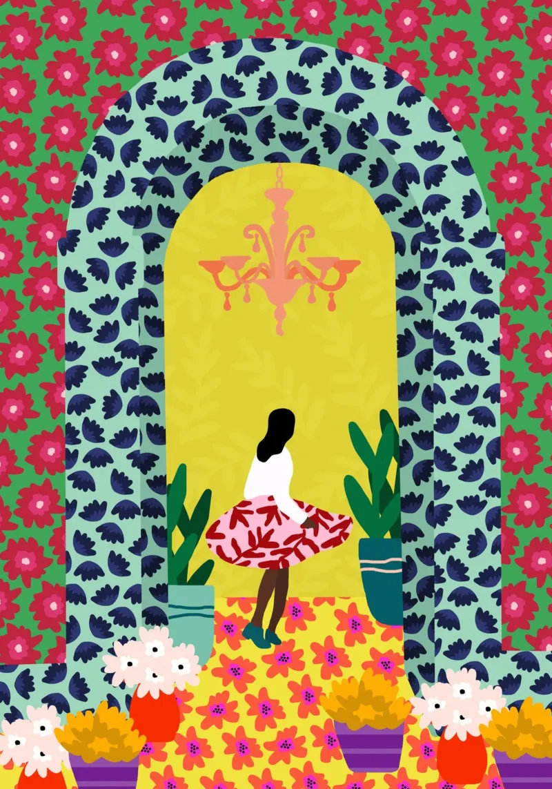 Ragazza del portale floreale poster con telaio in legno da Pictufy Sun & Spirit