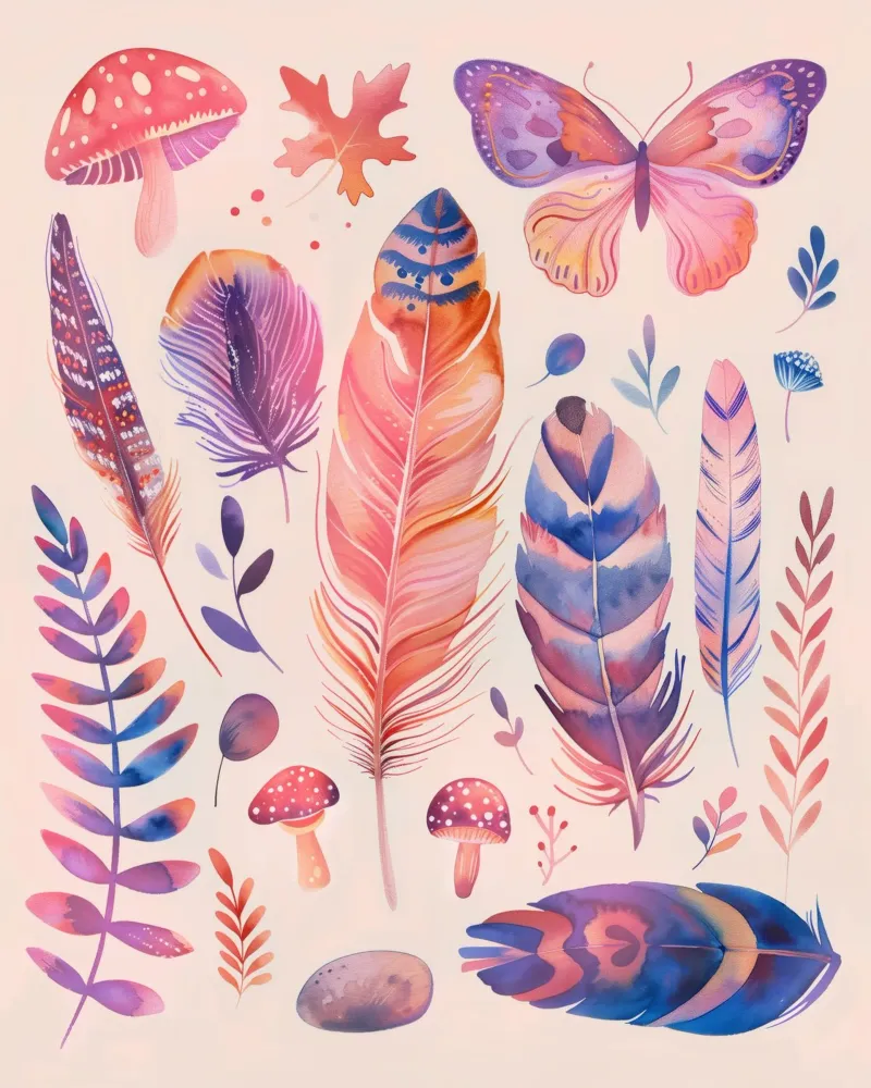 Feathers, Mushrooms & Butterfly Vintage Botanical Boho Art poster by Gentle Echoes Art