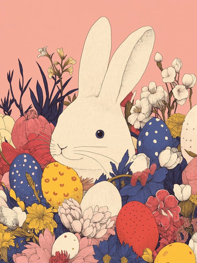 Easter Gift: Whimsical Bunny & Blossom & Easter Eggs Artwork poster by Kaji