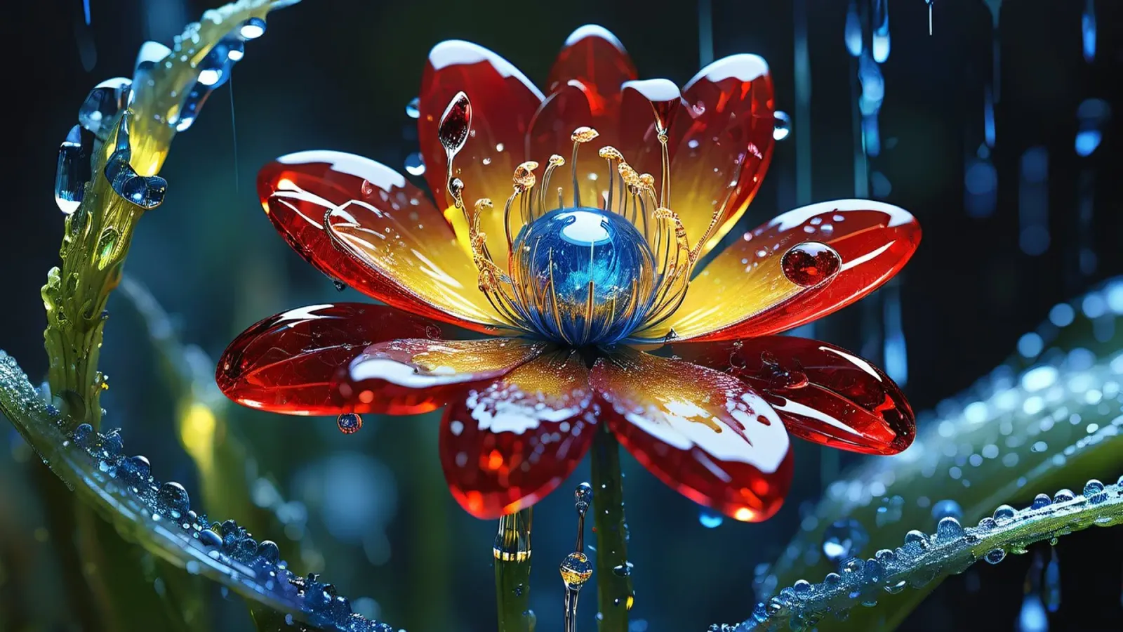 Fiori vivaci che sbocciano tra le gocce di pioggia rinfrescanti in un lussureggiante pellicola backlit da DesignDoodle