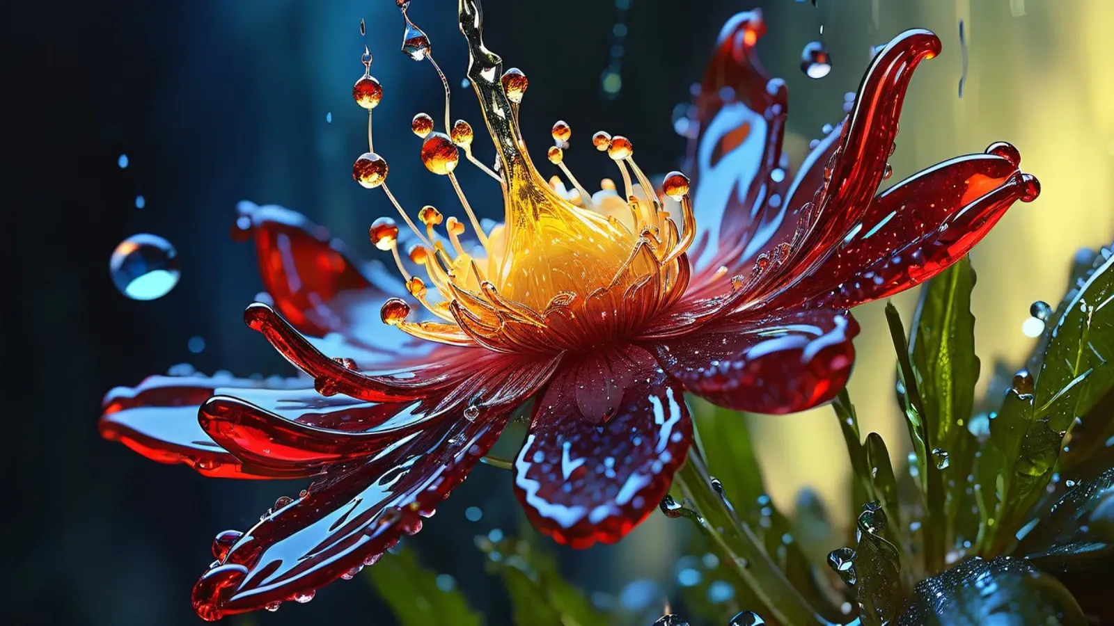 Close-up of a vibrant red flower splashing water droplets alu-dibond by DesignDoodle