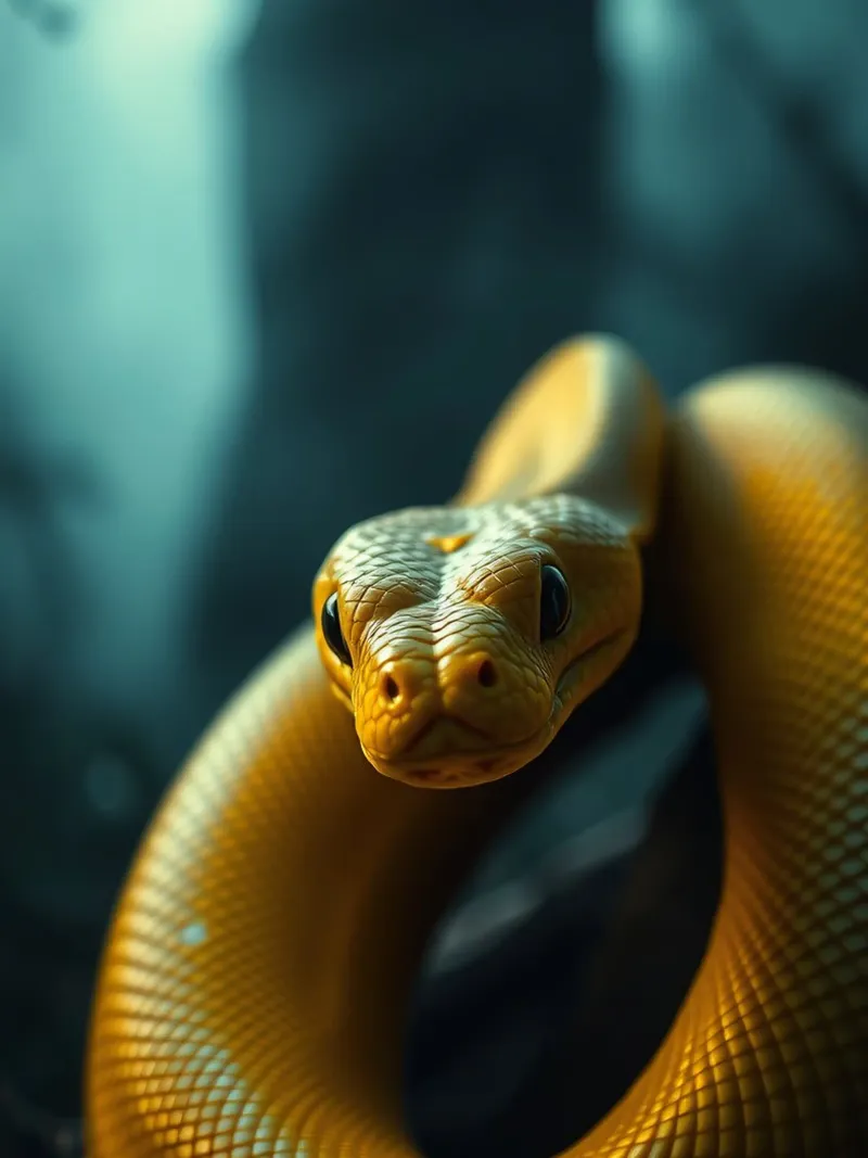 Un serpente giallo splendidamente arrotolato appoggiato su uno sfondo scuro pellicola backlit da DesignDoodle