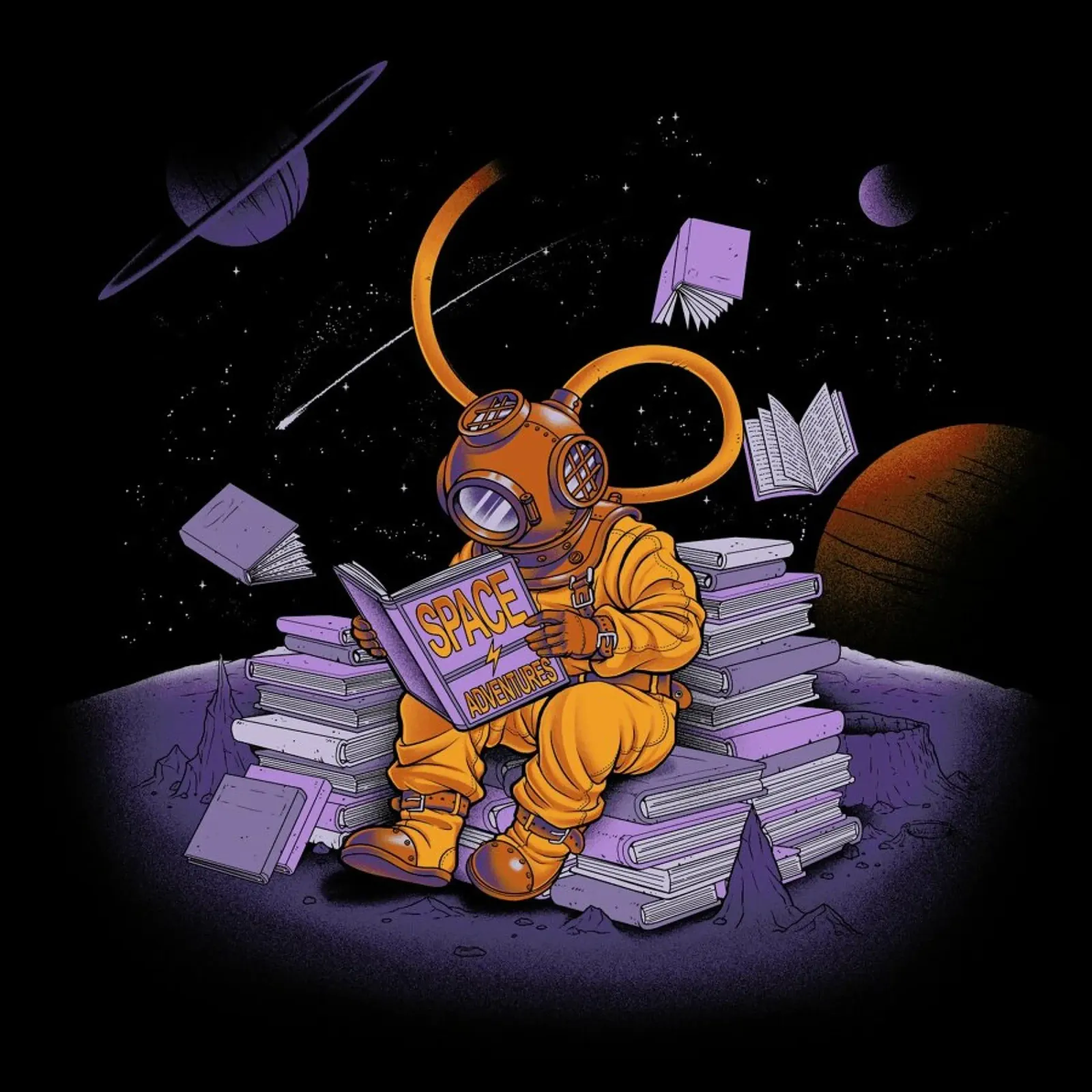 A reader lives a thousand lives - Diving Dress Space Adventures poster con telaio in legno da Tobe Fonseca