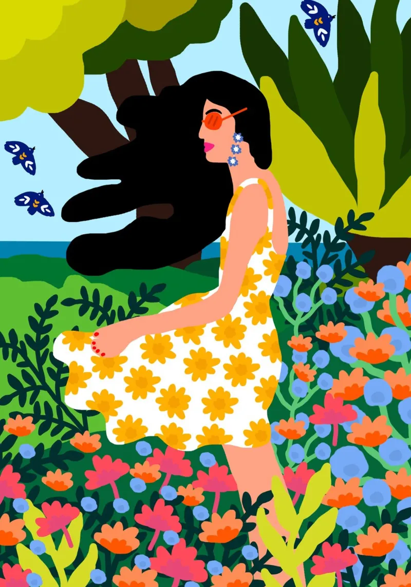 Ragazza estiva floreale poster con telaio in alluminio da Pictufy Sun & Spirit