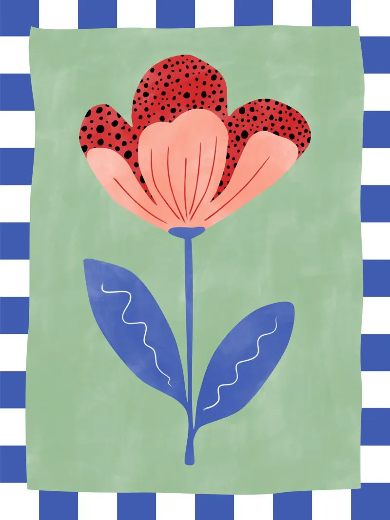 Fiore stilizzato con petali rossi e punti neri poster con telaio in legno da Pictufy Sun & Spirit